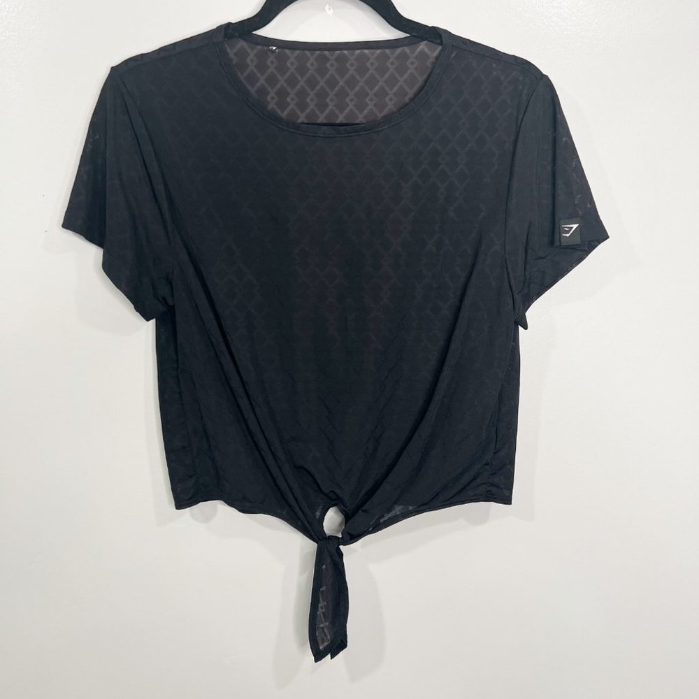 Gymshark Black Geo Mesh Tie Crop Top Shirt Tee Size M A1